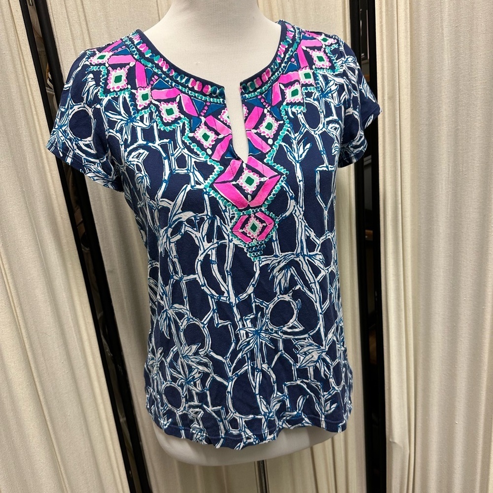 Lilly Pulitzer Blue and Pink Geometric Blouse